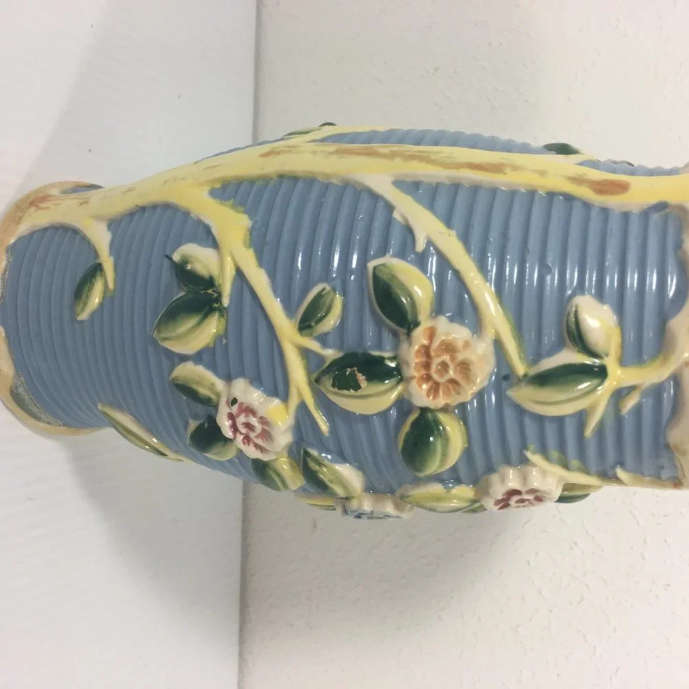 Mid-Century Asian Art‎ Pottery Vase Blue and White Tree Floral Japan Ribbed